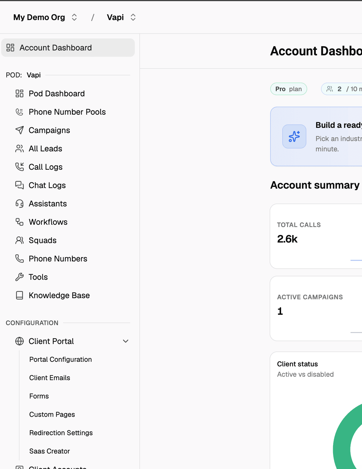 VoiceAIWrapper account dashboard after connecting Vapi, with the active Pod and menus for assistants, workflows, squads, phone numbers, tools, and knowledge bases