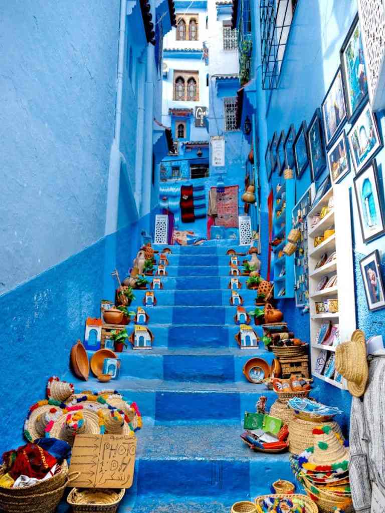 blue staircase in chefchaouen, morocco