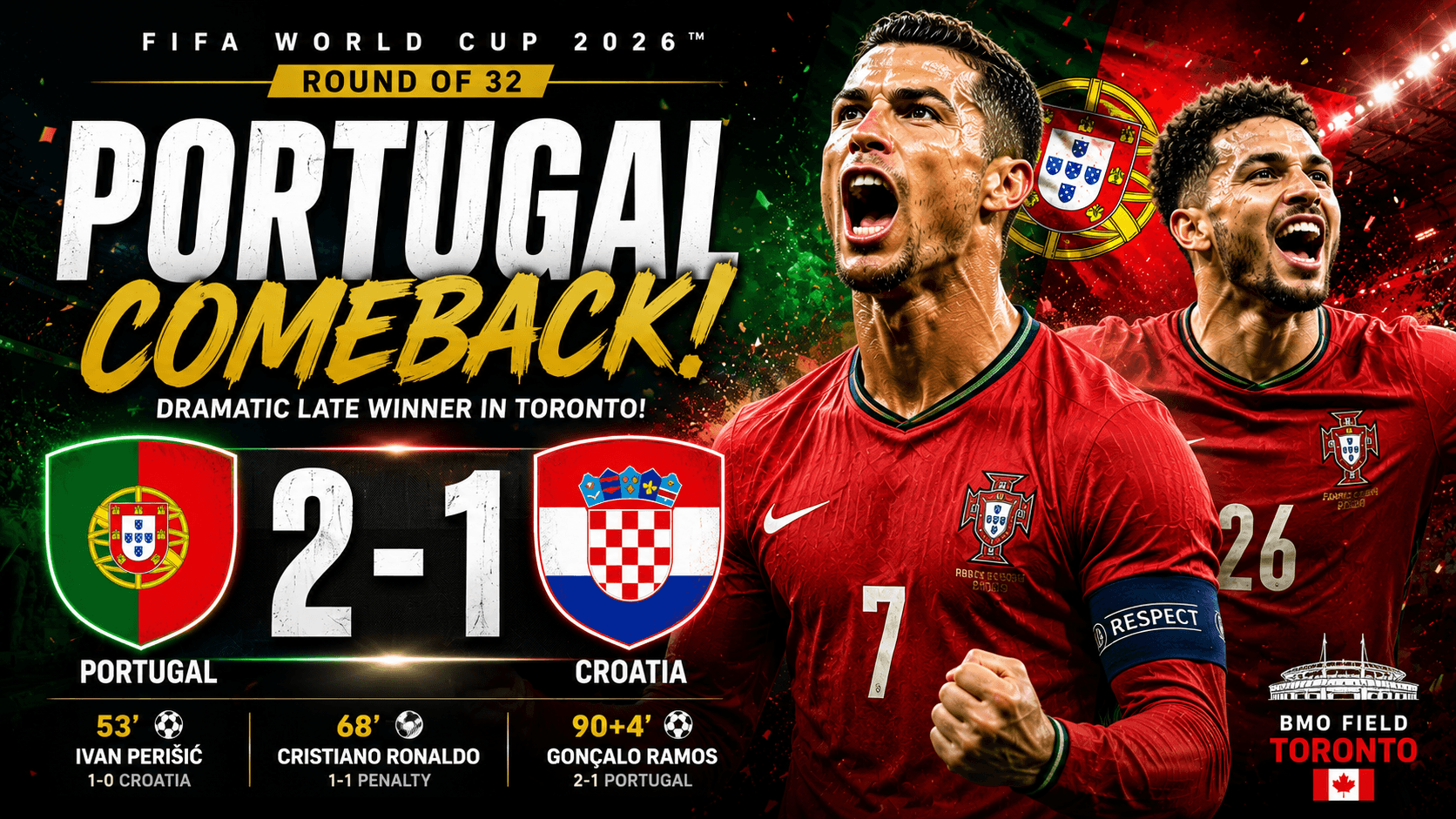 Cristiano Ronaldo and Gonçalo Ramos celebrate Portugal's dramatic 2-1 comeback victory over Croatia in the FIFA World Cup 2026 Round of 32 after a stoppage-time winner.