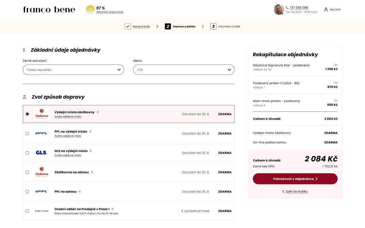 Doprava a platba: návrh obrazovky e-shopu
