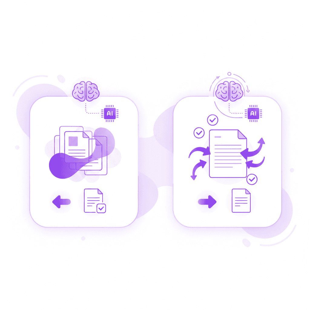 A split screen showing a student passively highlighting a textbook on the left, and a student writing answers on a blank piece of paper without notes on the right