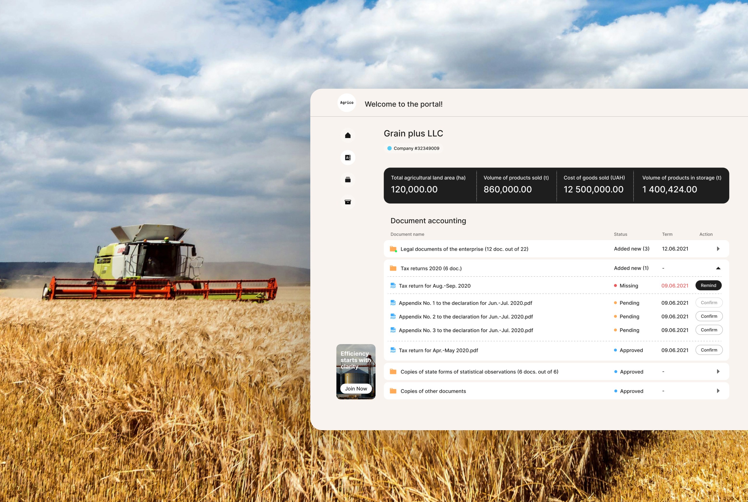 Delivery list showing shipment numbers, crop types, quantities, and total value.