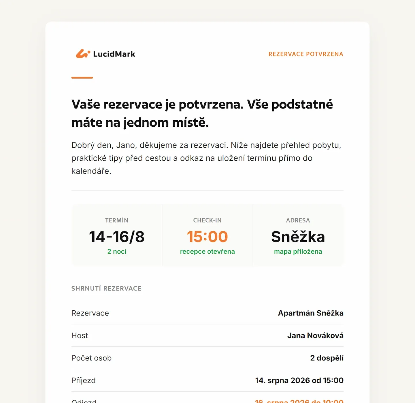 Náhled automatického e-mailu s potvrzením rezervace. Tvorba webů s rezervačním systémem na míru pro ubytování a apartmány.