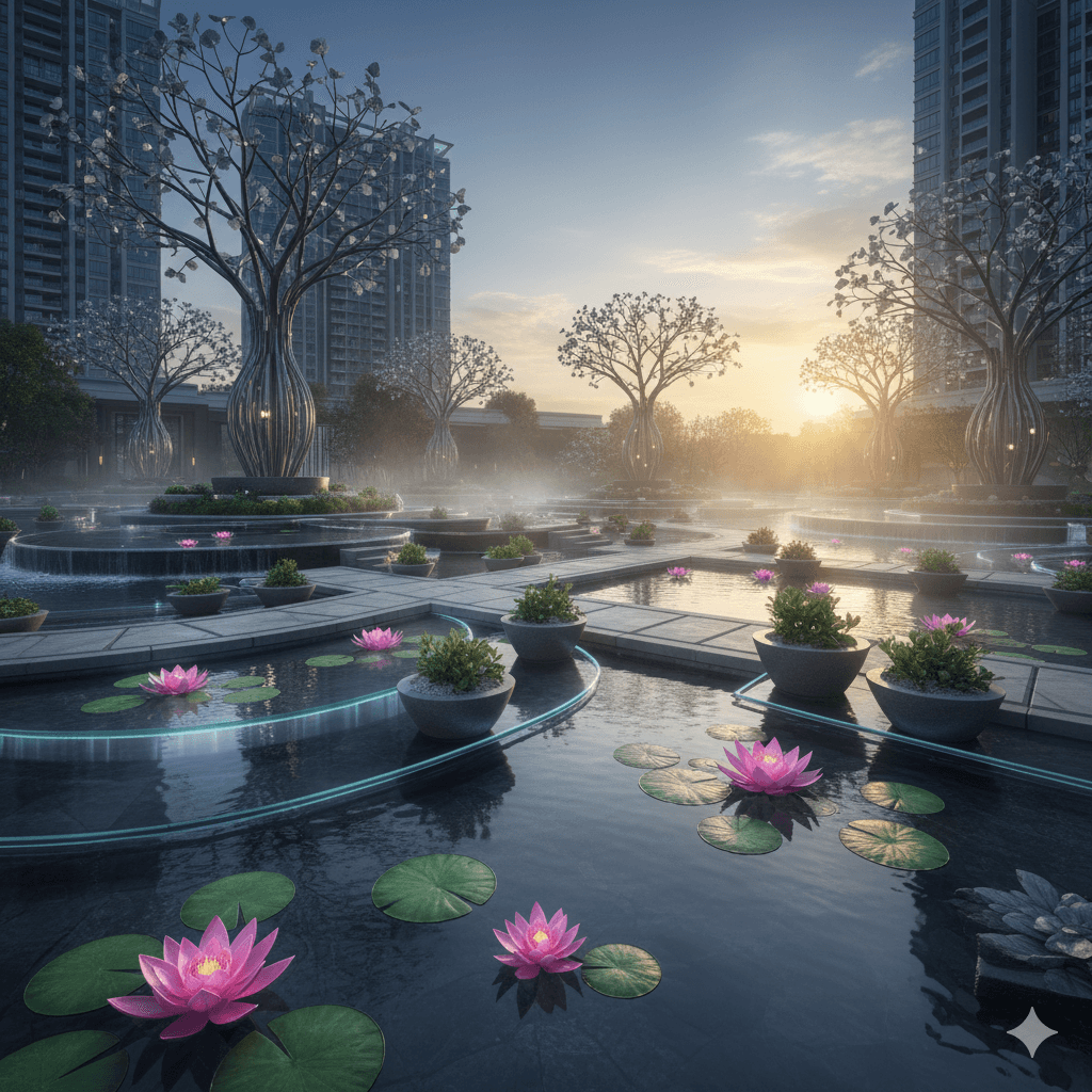 Serene water body with pink lotus flowers at M3M Gurugram luxury project