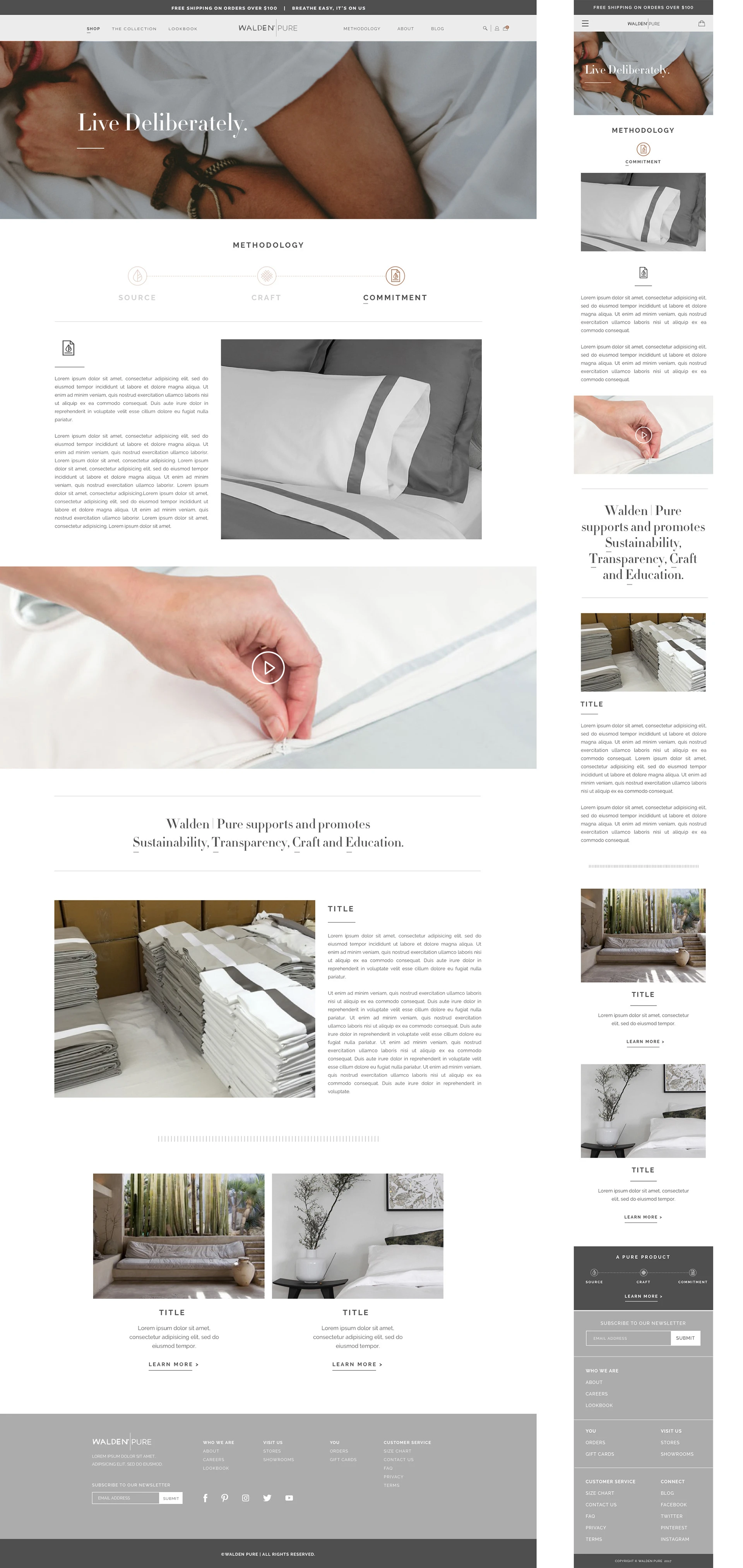 Walden Pure product information pages with fabric details and bedding imagery.
