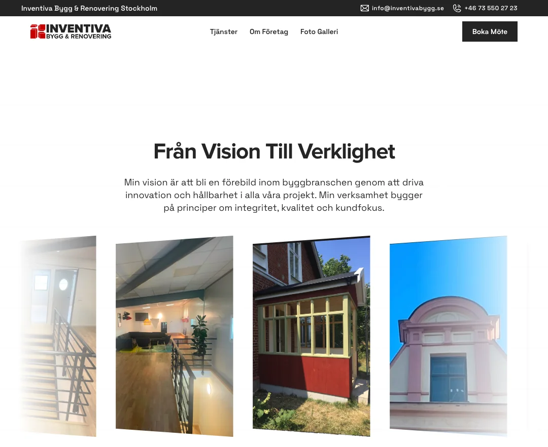 Inventiva Bygg & Renovering home page: “Från Vision Till Verklighet” above photos of finished projects, with a Boka Möte button