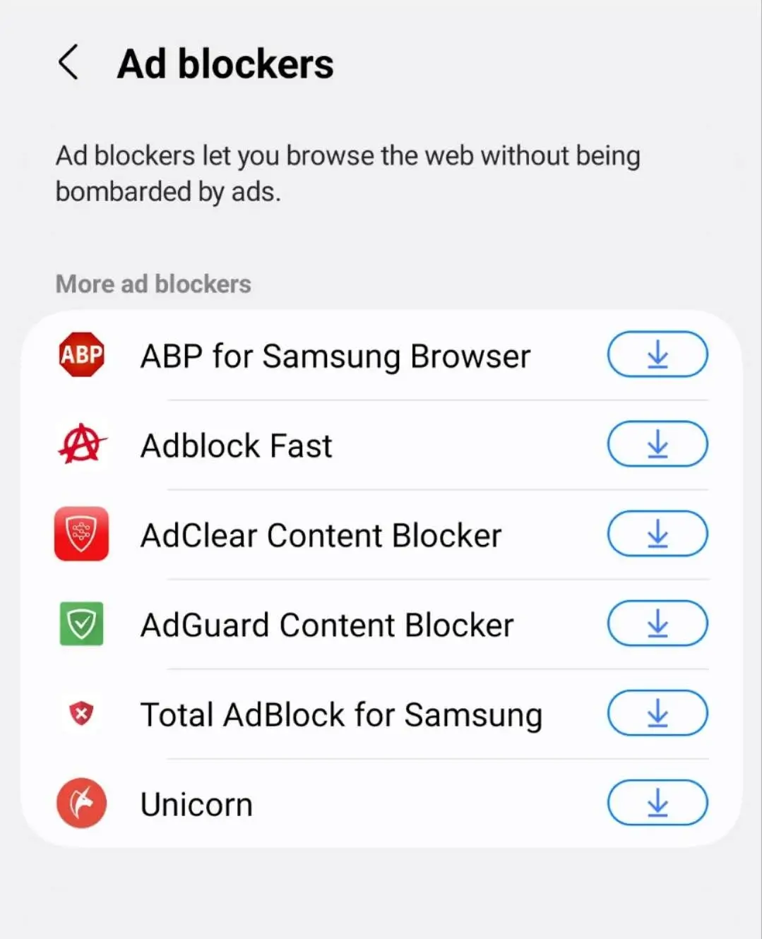 Samsung Internet content blocker settings screenshot