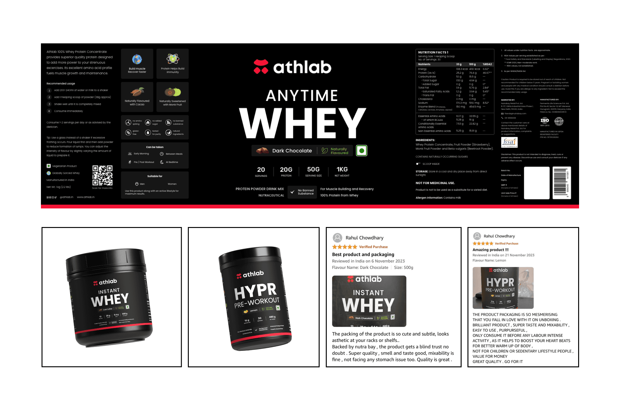 Athlab Anytime Whey packaging, product images, and customer reviews highlighting quality, mixability, and benefits for muscle recovery