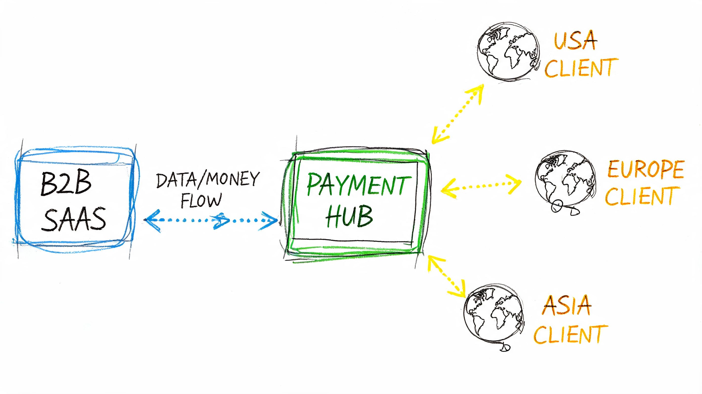 A diagram illustrating a B2B SaaS platform connecting to a payment hub for international clients.
