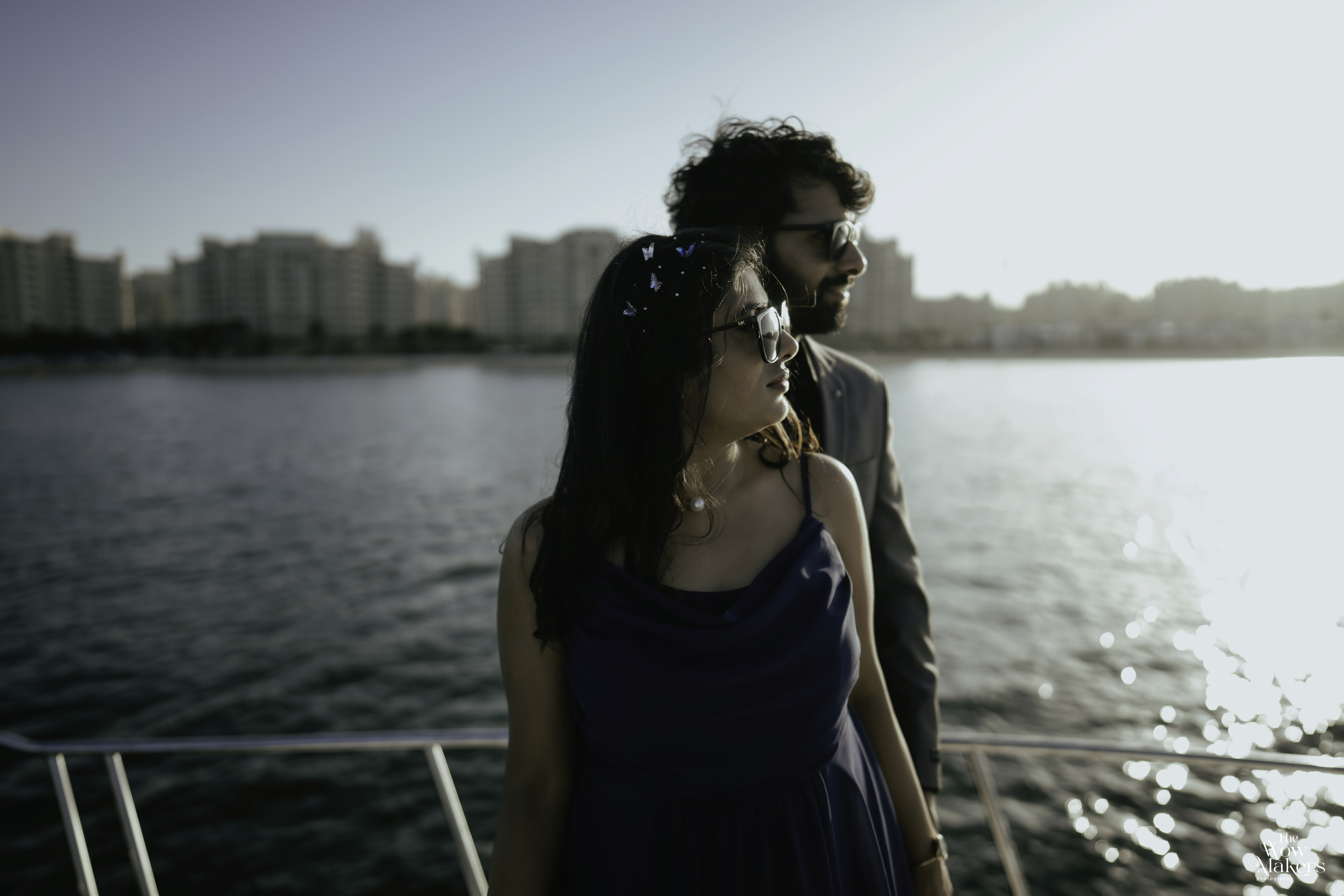 Pre-wedding couple photoshoot collage by a lakeside at golden hour, bride in pink saree with henna details, by Wow Makers photography in Hyderabad, India.