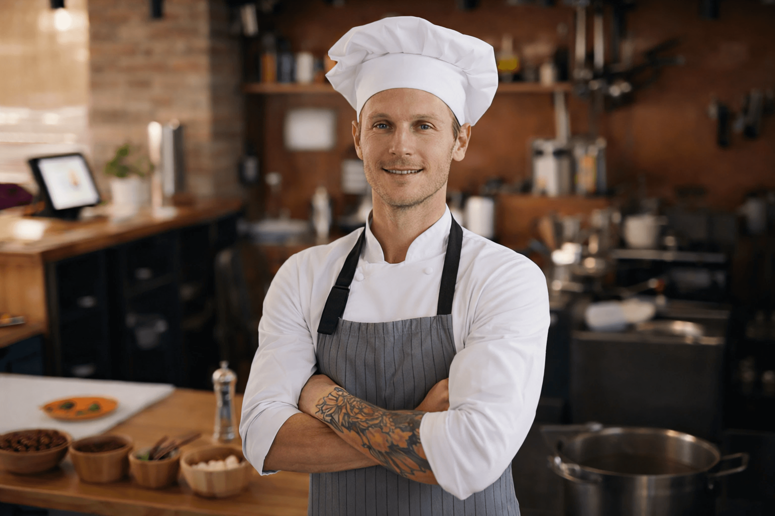 Chef standing confidently with crossed arms in a modern kitchen, wearing a white chef's hat and gray apron. The kitchen is warm, inviting, and organized.