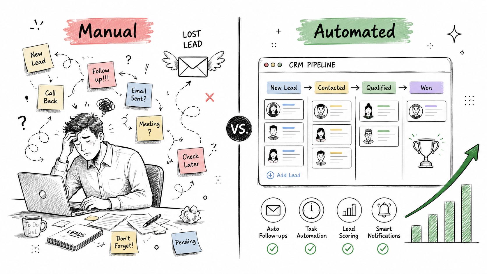 A comparison illustration showing a stressed person managing leads manually versus an organized, automated CRM pipeline.