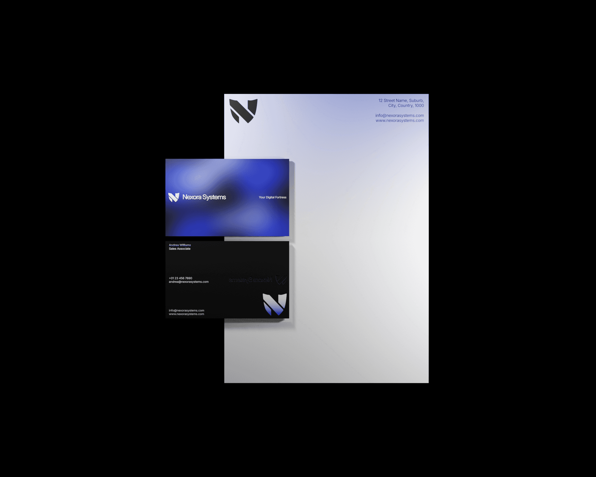 A mockup of Nexora Systems's business card and letterhead designs. The business cards feature an electric blue gradient background on the front side, with the logo and slogan featured in white. The back of the cards has a black background with the contact details shown in white and the logo featured in the botton-right corner. The letterhead features the logo and contact details on the top of a plain white page.