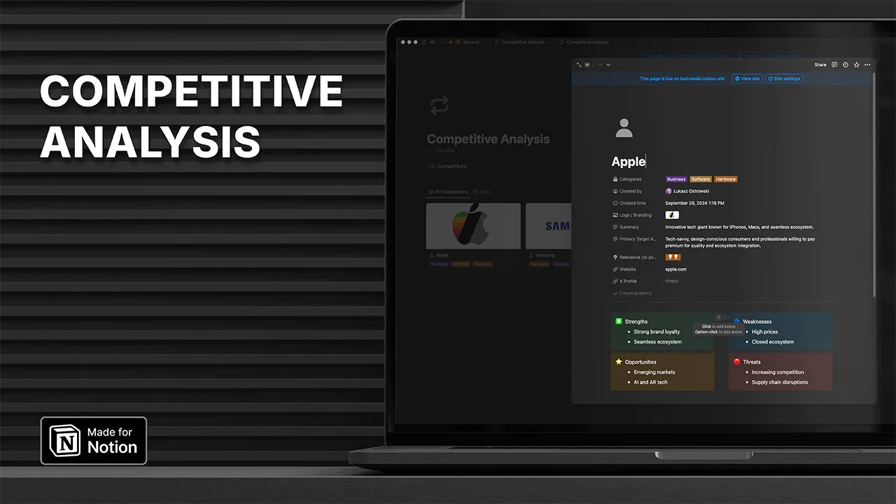 Competitive Analysis template in Notion, showcasing dark mode interface. Laptop screen displays Apple competitor profile with detailed SWOT analysis, categories, and key information. Created by Lucas Ostrowski, demonstrating efficient market research setup in Notion's dark theme for The Hitchhiker's Guide to Automated Systems