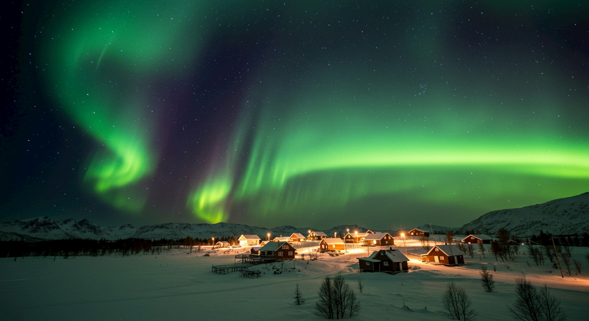 Bright green northern lights illuminating a snow-covered Icelandic village beneath a clear winter night sky.