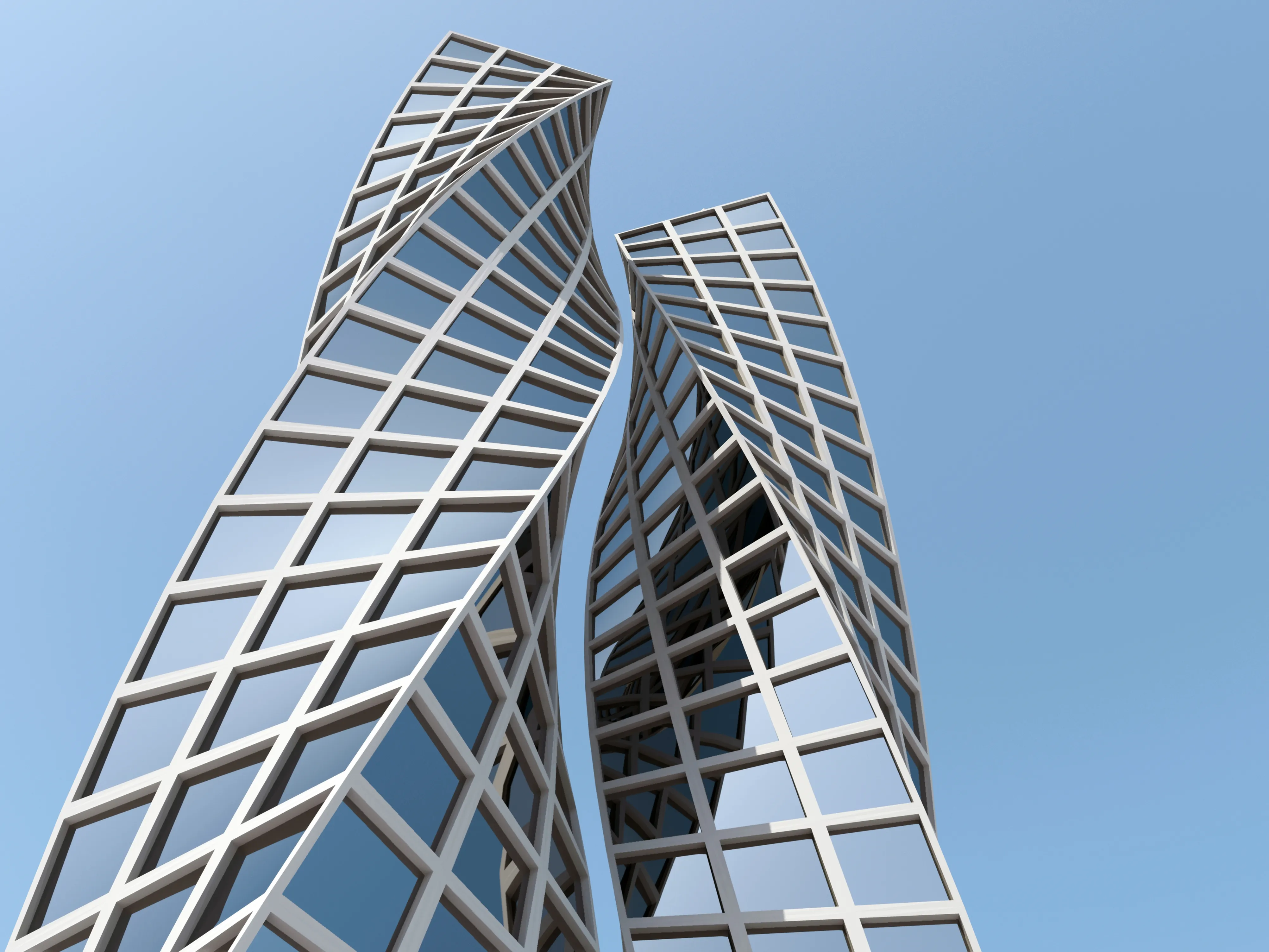 Low-angle view of two modern twisting skyscrapers with a glass and steel grid facade against a clear blue sky