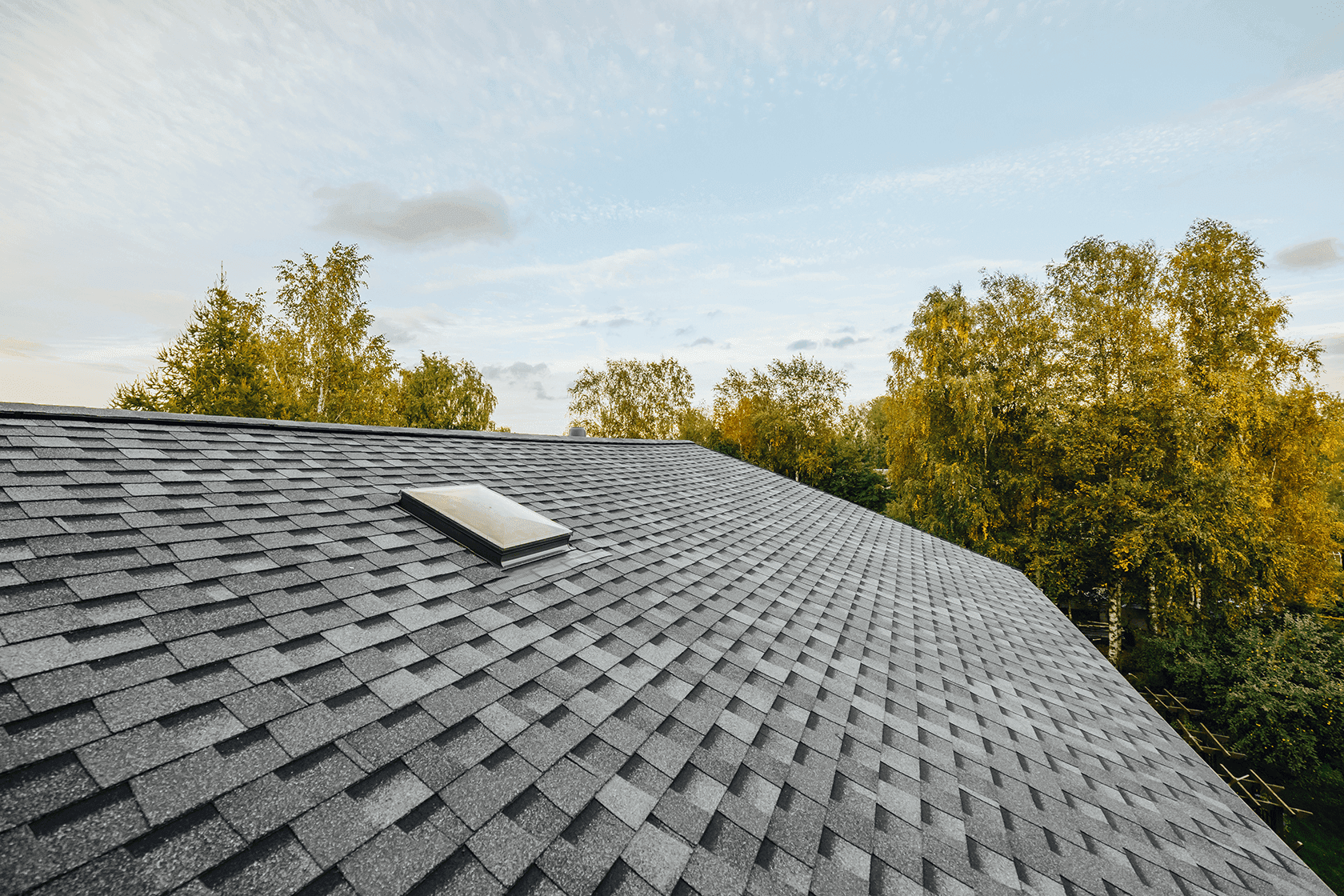 A rooftop view of gray asphalt shingles with a small rectangular skylight. The background features leafy trees under a soft, cloudy sky.