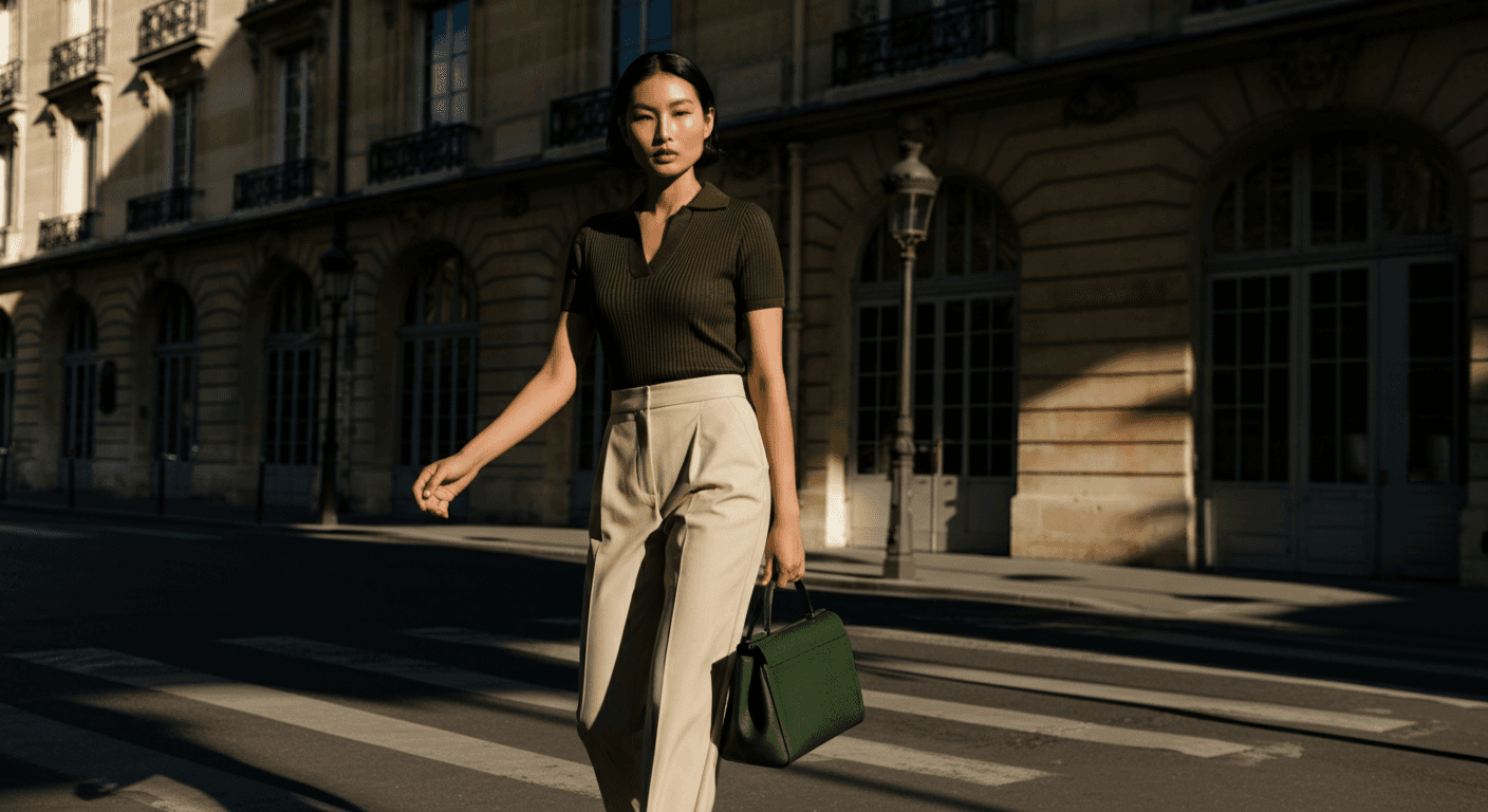 Asian woman walking down the street with a green handbag.