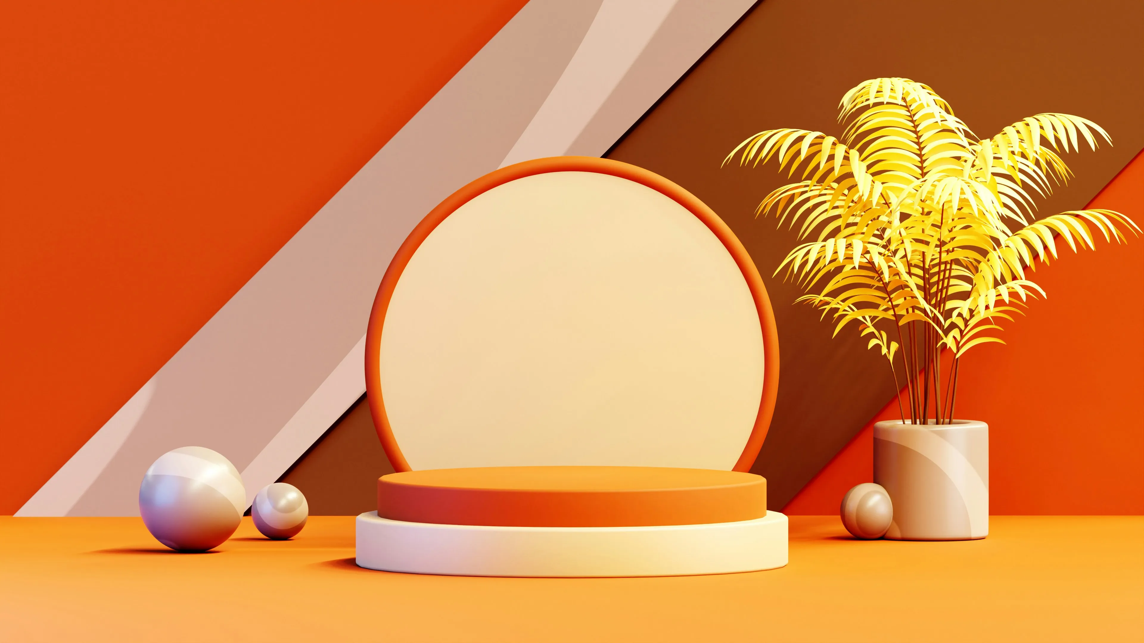 A vase with a plant and some balls on a table