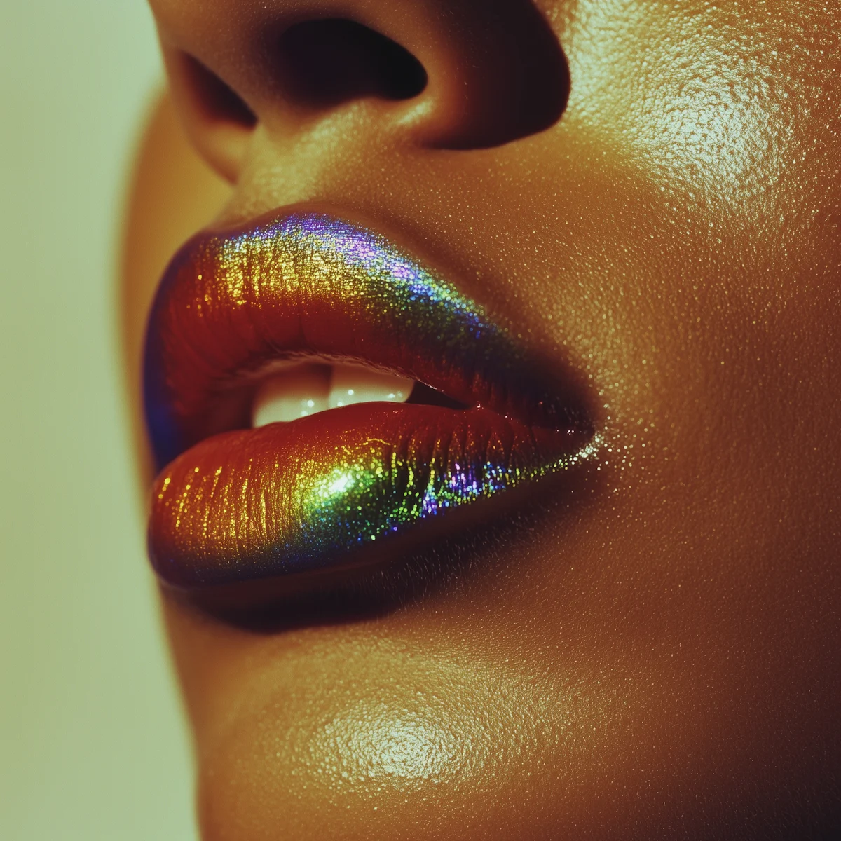 Close-up of glossy iridescent rainbow lips on dark brown skin, showcasing vibrant metallic makeup artistry.