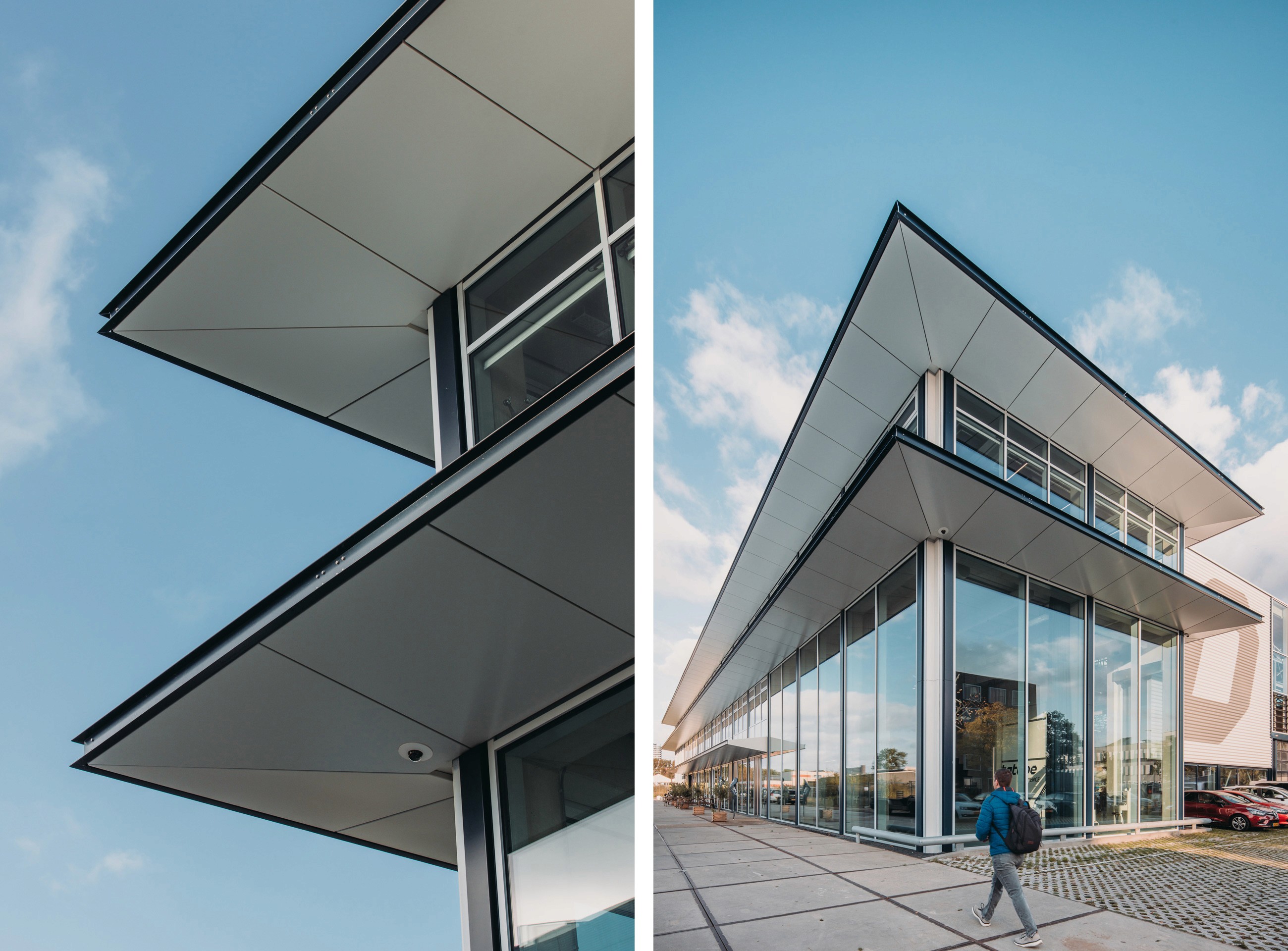 Exterior photo of the front facade of the Octatube office building, with detail shot of the overhanging canopy 