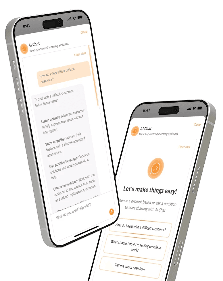 Two iphones floating at an angle. On the screens they show a conversation with SparkLearn's AI Chat.