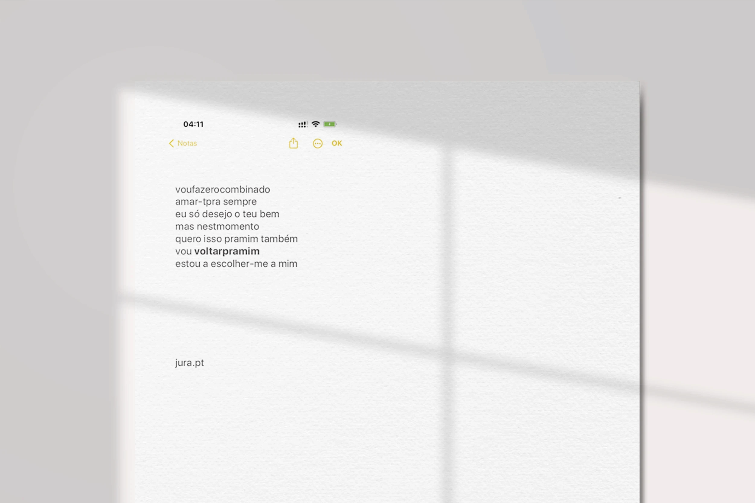 Conceptual artwork for Jura’s music release featuring minimalist typography inspired by a phone notes interface and song lyrics.