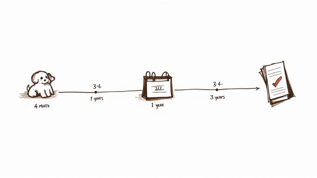 A veterinarian holds a syringe while a cute puppy looks on, sitting on an exam table.