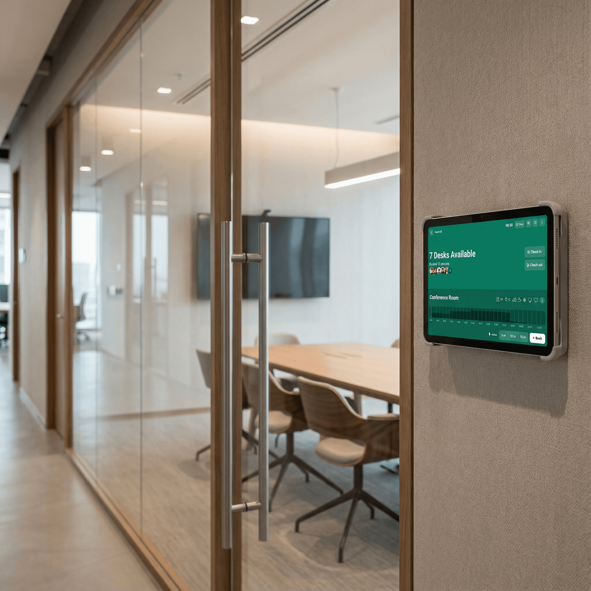 Apple iPad mini als Raumdisplay am Meetingraum zeigt Verfügbarkeit im anny Buchungssystem als frei