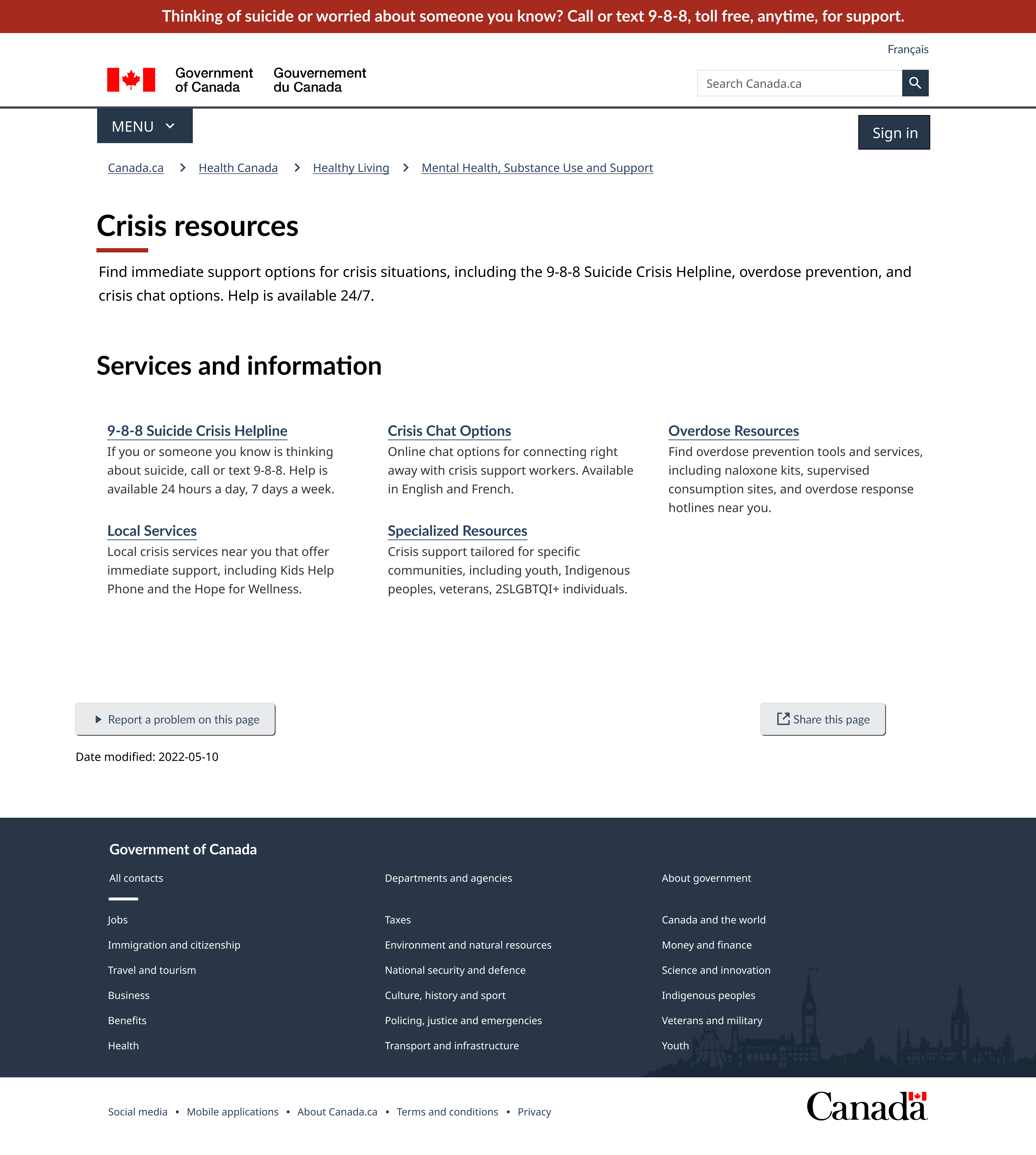 Screenshot of the proposed crisis resources page pulled up front and centre