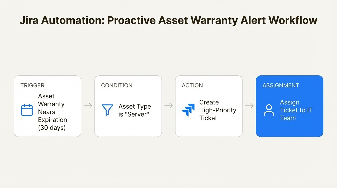 A workflow diagram showing a proactive Jira automation rule, relevant to the BlueTally vs Snipe-IT evaluation for teams using Jira.