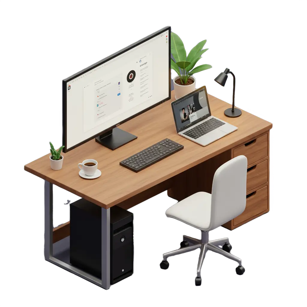 A modern, organized workspace features a large monitor displaying a user interface design tool, a laptop open to a video call, and a wireless keyboard and mouse on a wooden desk. The setup includes a cup of coffee, a desk lamp, and potted plants, symbolizing productivity and creativity. The presence of both a desktop and laptop suggests multitasking and remote work. The clean, professional environment represents an information science student transitioning from freelance UX design—shown by the interface work and video call—to a product designer role, indicated by the advanced equipment and organized space. The overall scene conveys adaptability, digital skills, and a progression in design expertise.