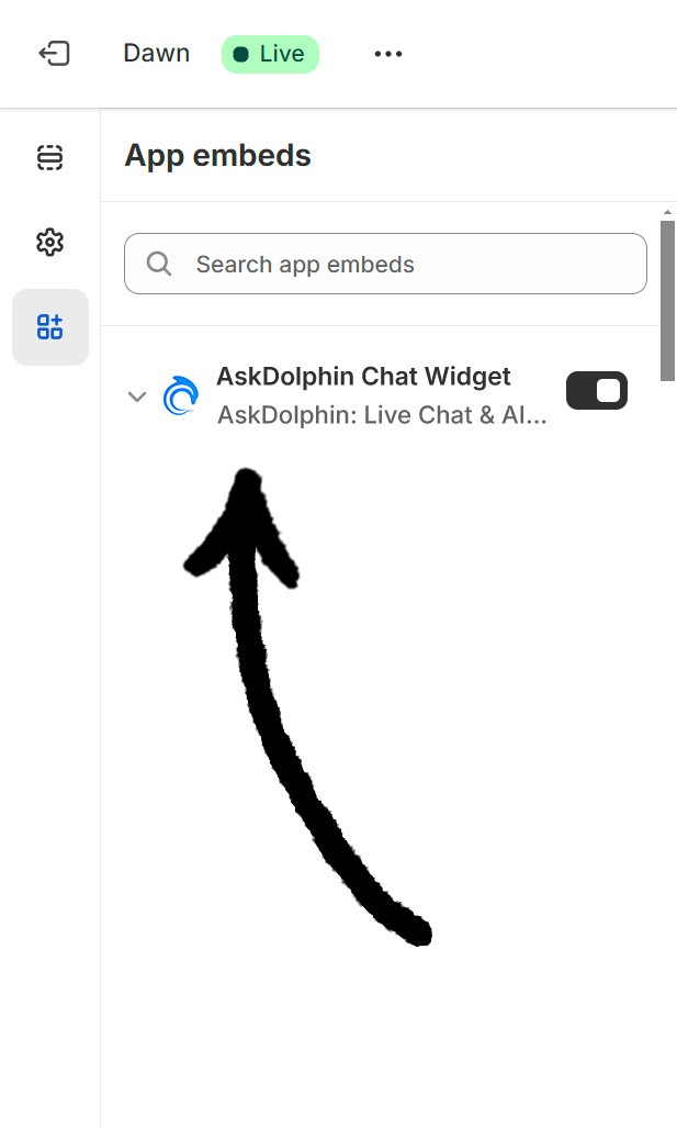App embeds list in Shopify theme editor with an arrow pointing to the AskDolphin Chat Widget option.