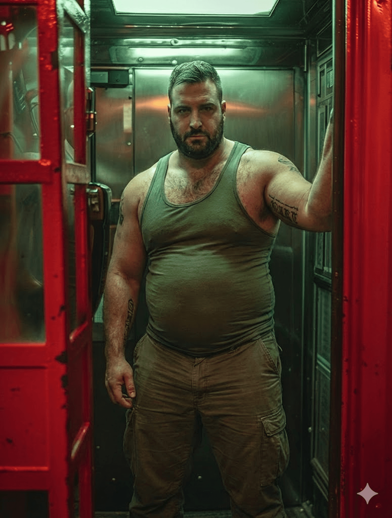 Bearded muscular man in a green tank top standing in a narrow red-lit booth.