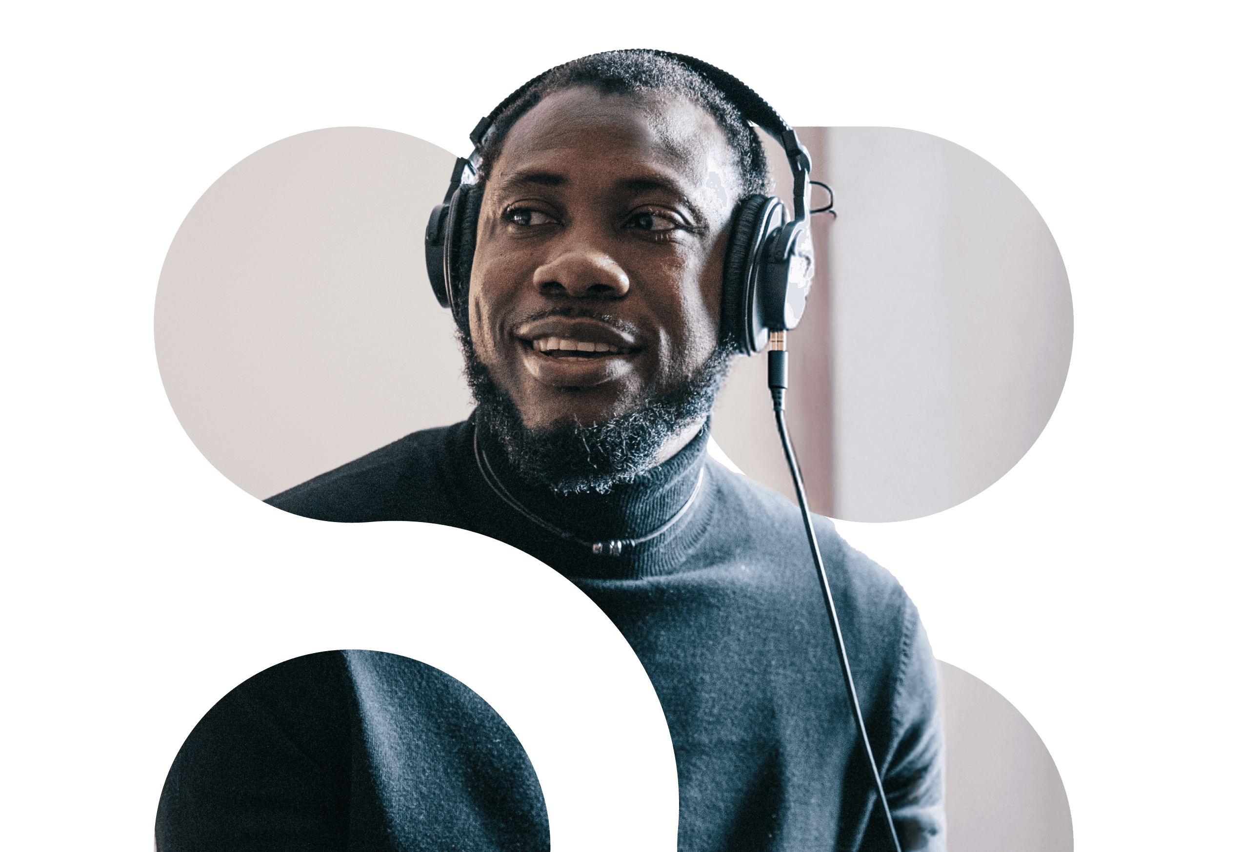 Young man, remote worker, headphones on, podcaster