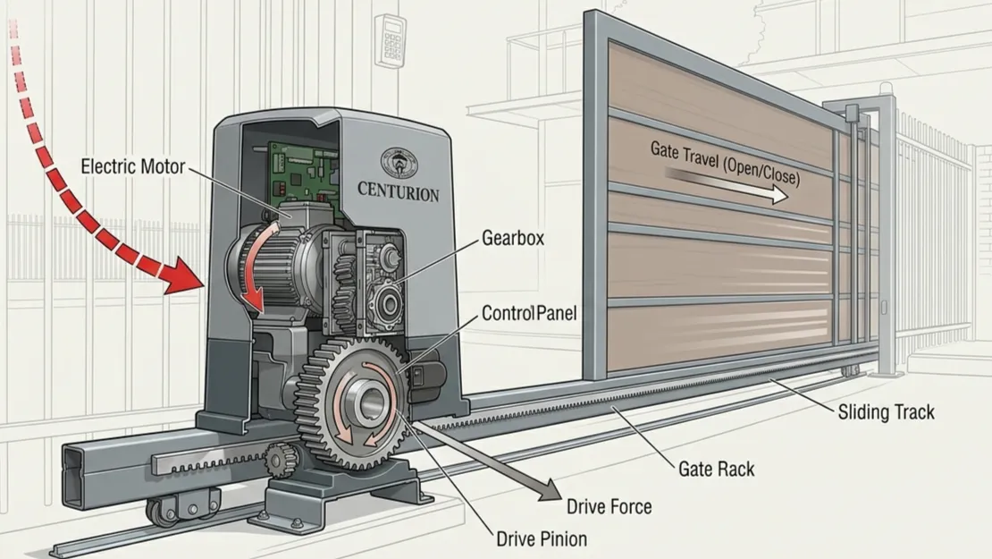Automatic sliding gate opener system with motor and rack mechanism