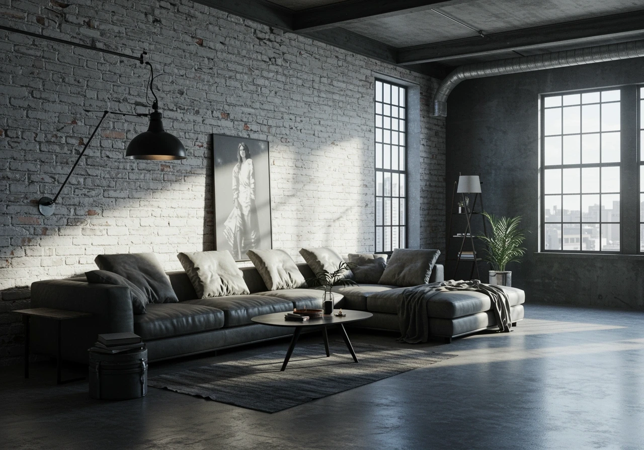 Industrial-style loft with charcoal gray painted walls and exposed brick accent