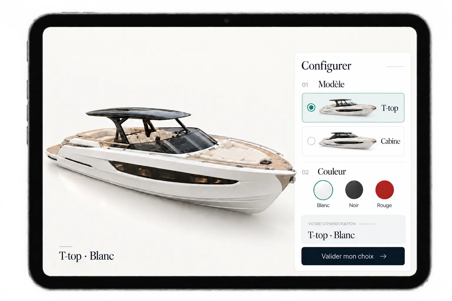 Configurateur de bateau sur tablette avec choix du modèle et de la couleur