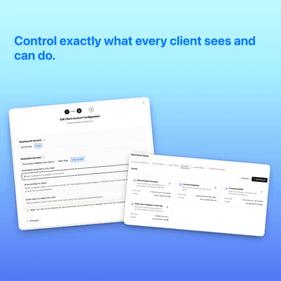 VoiceAIWrapper client portal setup showing access permissions, assistant assignment, and custom forms configuration. | VoiceAIWrapper
