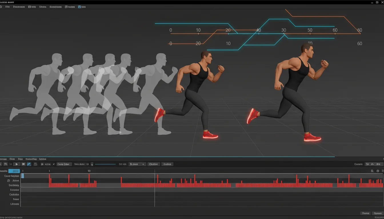 A screenshot of a 3D animation software interface, like Autodesk Maya, in a modern dark mode. The main viewport displays a keyframe animation of a stylized male character in a run cycle. A sequence of untextured, flat gray 'onion skin' poses of the character are shown from left to right, visualizing the motion. The final pose on the far right shows the character fully textured with a black tank top and pants. Above the character models are abstract UI elements with frame numbers. The bottom of the screen features a detailed animation timeline editor with placeholder numbers, grid lines, and distinct red vertical keyframe markers.