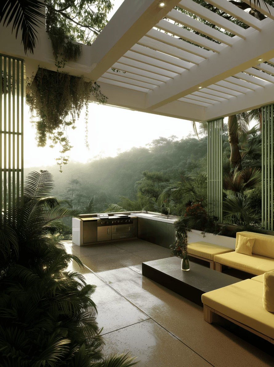     Tropical outdoor lounge with soft morning light and surrounding greenery