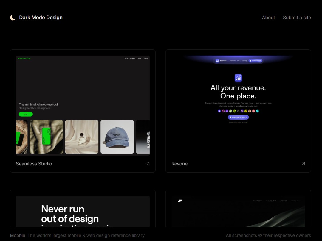 Dark-themed web design showcase with mockup and revenue management.