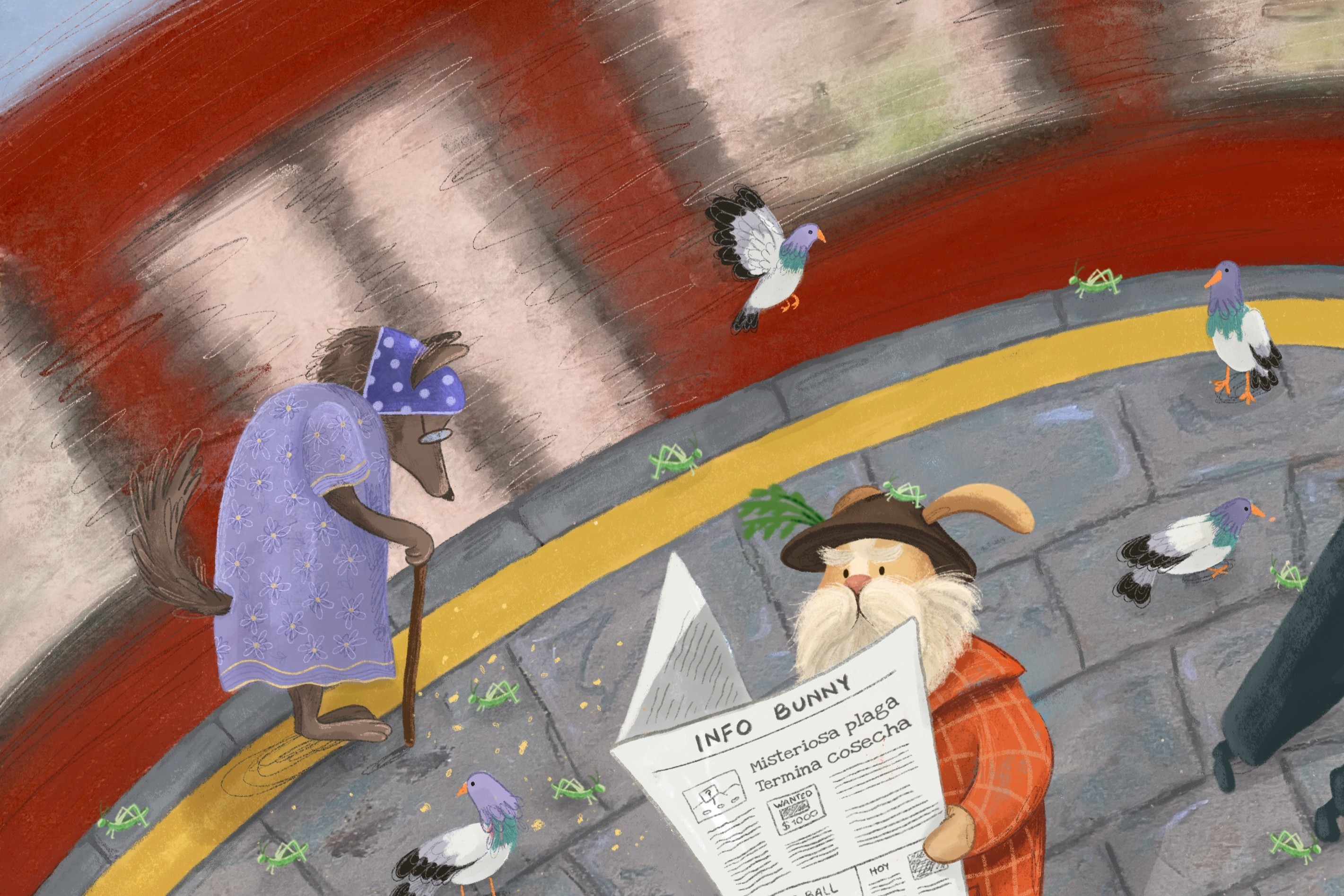 A rabbit reading a newspaper with a confused expression inside a train station, as pigeons fly around in the background.