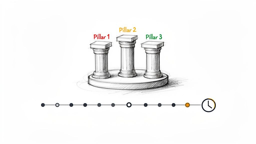 Sketch of three pillars labeled 1, 2, and 3 in red, orange, and green, above a horizontal timeline with dots and a clock icon.
