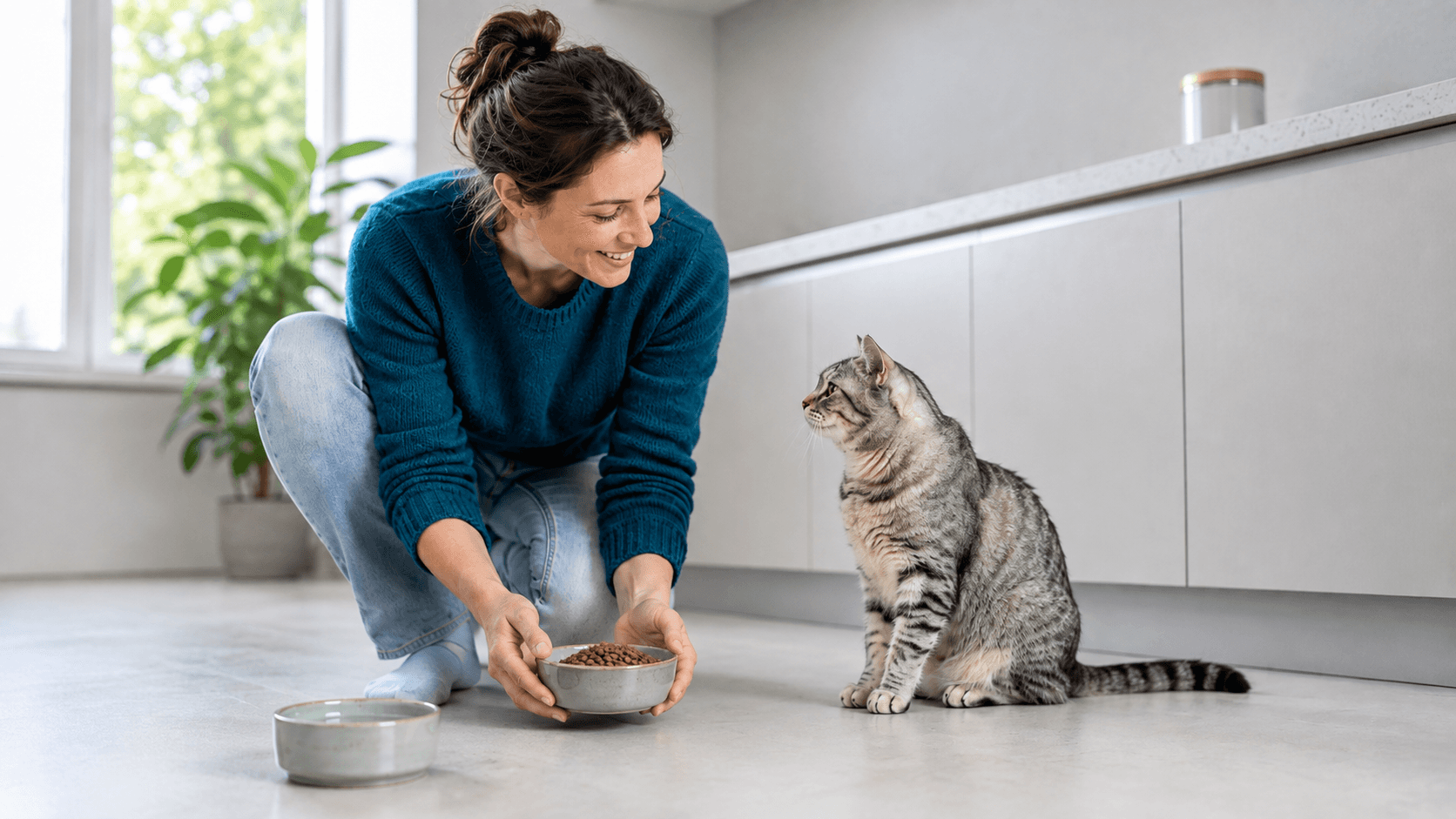 Mulher dando ração para seu gato