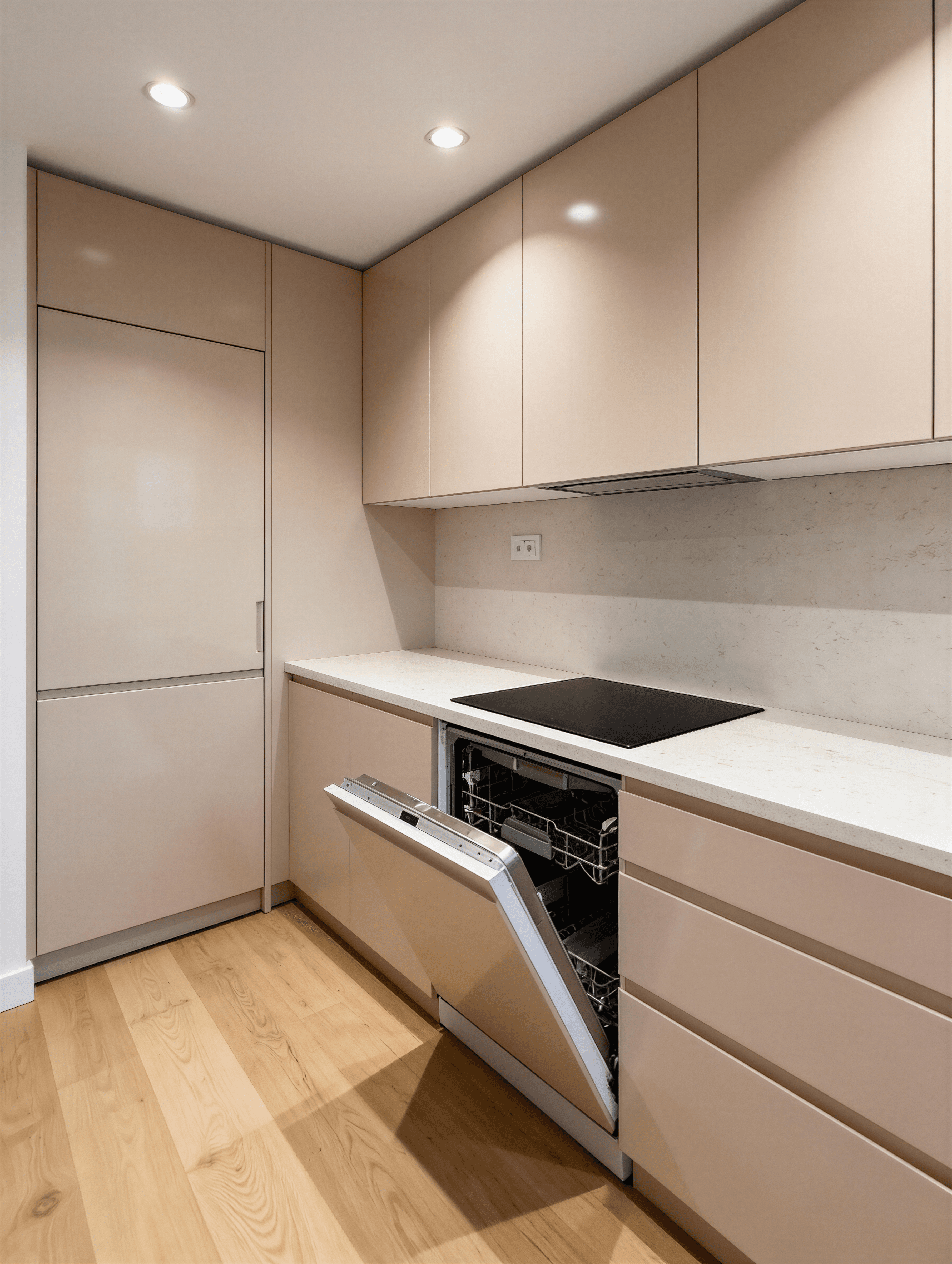 Bucătărie compactă bej, electrocasnice încorporate și blat-gresie gri, stil minimalist.