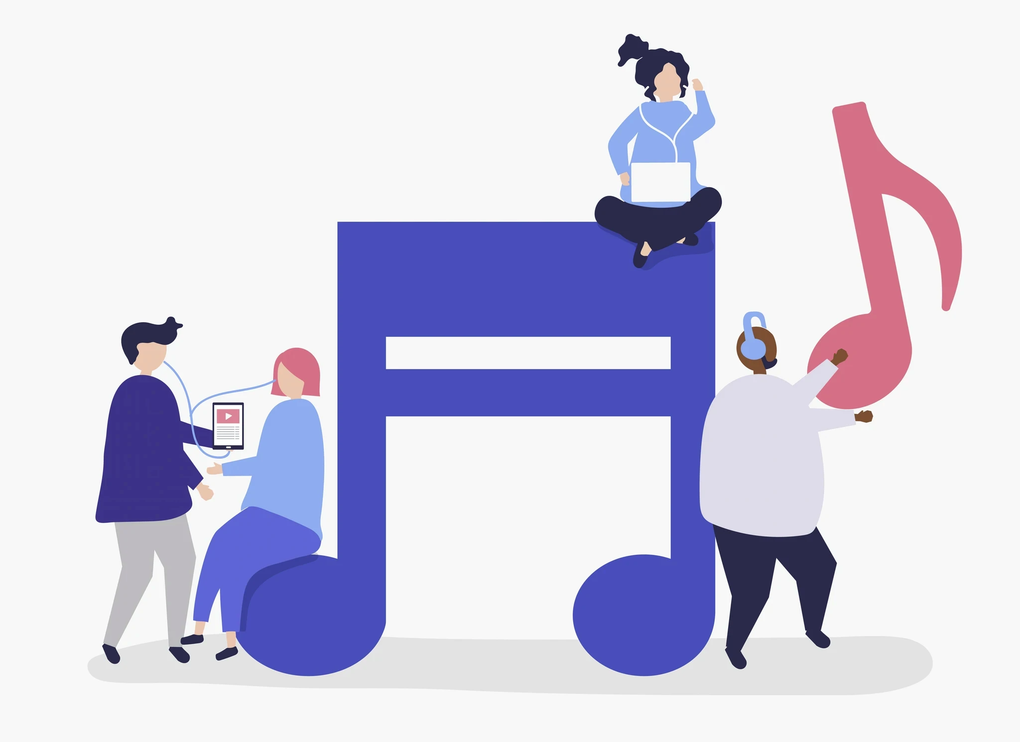 Ilustración de personas escuchando música e interactuando con notas musicales gigantes