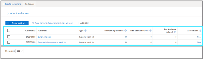 Product view of the where to find the new Dynamics 365 Customer Insights segment in the Microsoft Advertising interface.