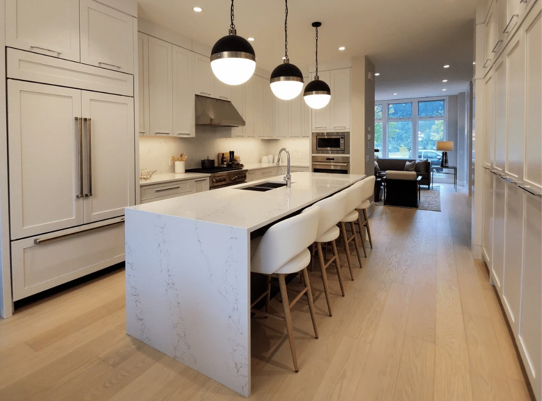 Image of Modern kitchen with white marble island, pendant lighting, and sleek appliances by KHD Homes design-build.