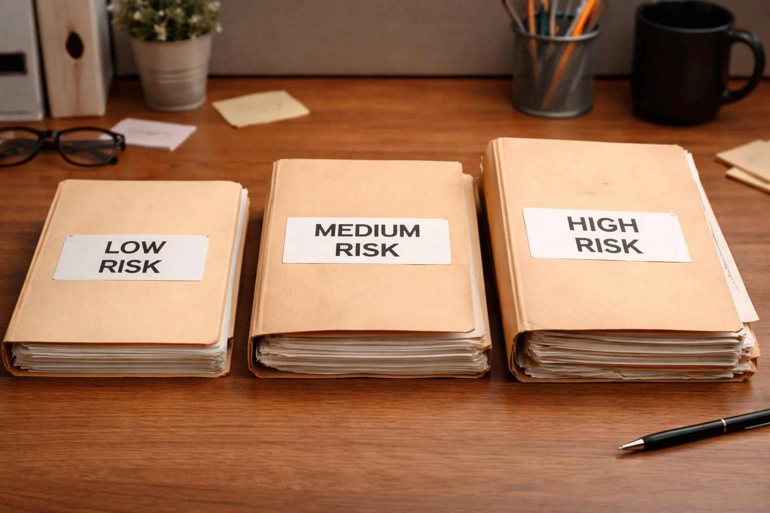 Three folders on a desk, arranged left to right, each thicker and more worn than the last, representing low, medium, and high risk.
